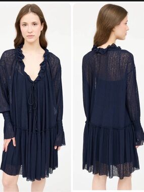 See By Chloe Navy Blue Ruffle Neck Tiered Boho Tunic Mini Dress Size S